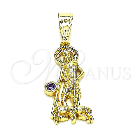 Oro Laminado Religious Pendant, Gold Filled Style San Lazaro Design, with Amethyst Cubic Zirconia, Polished, Golden Finish, 05.253.0165