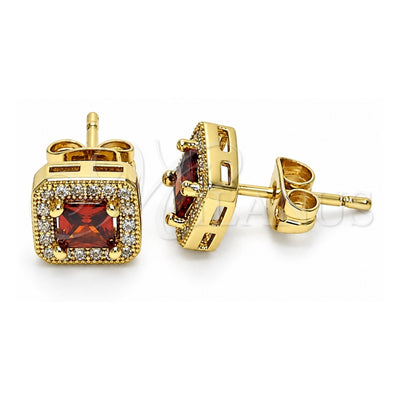 Oro Laminado Stud Earring, Gold Filled Style with Garnet Cubic Zirconia and White Micro Pave, Polished, Golden Finish, 02.342.0104.1