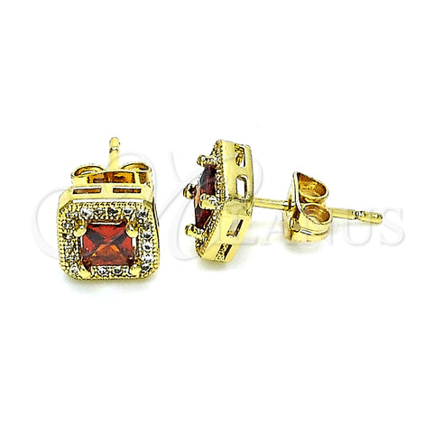 Oro Laminado Stud Earring, Gold Filled Style with Garnet Cubic Zirconia and White Micro Pave, Polished, Golden Finish, 02.342.0104.1