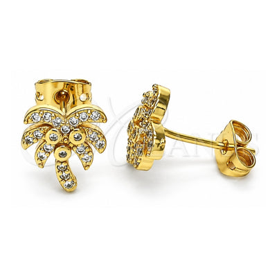 Oro Laminado Stud Earring, Gold Filled Style Tree Design, with White Micro Pave, Polished, Golden Finish, 02.342.0182