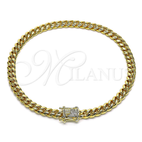 Oro Laminado Basic Anklet, Gold Filled Style Miami Cuban Design, with White Micro Pave, Polished, Golden Finish, 04.156.0465.10 (160 Gauge, 06 MM Thickness, 10 Inches Length)