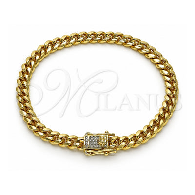 Oro Laminado Basic Bracelet, Gold Filled Style Miami Cuban Design, with White Micro Pave, Polished, Golden Finish, 04.156.0465.08 (160 Gauge, 06 MM Thickness, 8 Inches Length)