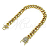 Oro Laminado Basic Bracelet, Gold Filled Style Miami Cuban Design, with White Micro Pave, Polished, Golden Finish, 04.156.0466.07 (200 Gauge, 07 MM Thickness, 7 Inches Length)