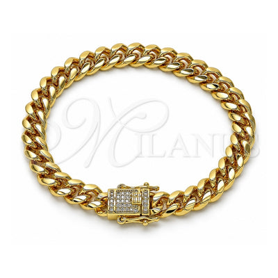 Oro Laminado Basic Bracelet, Gold Filled Style Miami Cuban Design, with White Micro Pave, Polished, Golden Finish, 04.156.0466.07 (200 Gauge, 07 MM Thickness, 7 Inches Length)