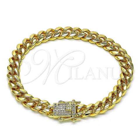 Oro Laminado Basic Bracelet, Gold Filled Style Miami Cuban Design, with White Micro Pave, Polished, Golden Finish, 04.156.0466.07 (200 Gauge, 07 MM Thickness, 7 Inches Length)
