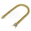 Oro Laminado Basic Bracelet, Gold Filled Style Miami Cuban Design, with White Micro Pave, Polished, Golden Finish, 04.156.0466.08 (200 Gauge, 07 MM Thickness, 8 Inches Length)