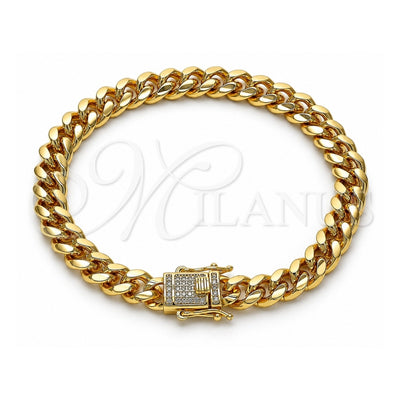 Oro Laminado Basic Bracelet, Gold Filled Style Miami Cuban Design, with White Micro Pave, Polished, Golden Finish, 04.156.0466.08 (200 Gauge, 07 MM Thickness, 8 Inches Length)