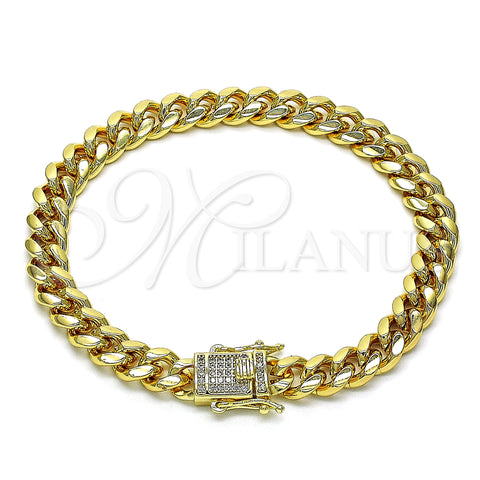 Oro Laminado Basic Bracelet, Gold Filled Style Miami Cuban Design, with White Micro Pave, Polished, Golden Finish, 04.156.0466.08 (200 Gauge, 07 MM Thickness, 8 Inches Length)