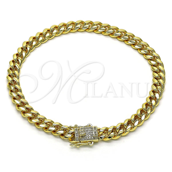 Oro Laminado Basic Anklet, Gold Filled Style Miami Cuban Design, with White Micro Pave, Polished, Golden Finish, 04.156.0466.10