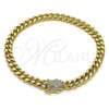 Oro Laminado Basic Anklet, Gold Filled Style Miami Cuban Design, with White Micro Pave, Polished, Golden Finish, 04.156.0466.10