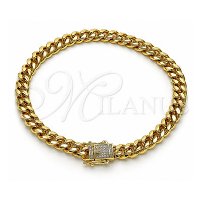 Oro Laminado Basic Anklet, Gold Filled Style Miami Cuban Design, with White Micro Pave, Polished, Golden Finish, 04.156.0466.10 (200 Gauge, 07 MM Thickness, 10 Inches Length)