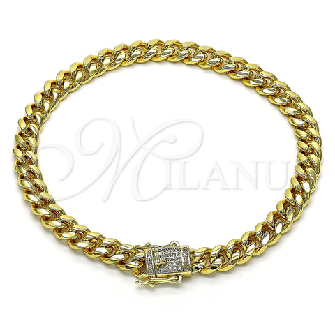 Oro Laminado Basic Anklet, Gold Filled Style Miami Cuban Design, with White Micro Pave, Polished, Golden Finish, 04.156.0466.10 (200 Gauge, 07 MM Thickness, 10 Inches Length)