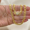 Oro Laminado Basic Necklace, Gold Filled Style Miami Cuban Design, with White Micro Pave, Polished, Golden Finish, 04.156.0466.16 (200 Gauge, 07 MM Thickness, 16 Inches Length)