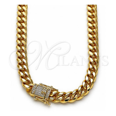 Oro Laminado Basic Necklace, Gold Filled Style Miami Cuban Design, with White Micro Pave, Polished, Golden Finish, 04.156.0466.16 (200 Gauge, 07 MM Thickness, 16 Inches Length)