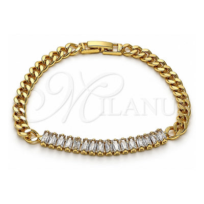 Oro Laminado Fancy Bracelet, Gold Filled Style Baguette Design, with White Cubic Zirconia, Polished, Golden Finish, 03.283.0093.07 (05 MM Thickness, 7 Inches Length)