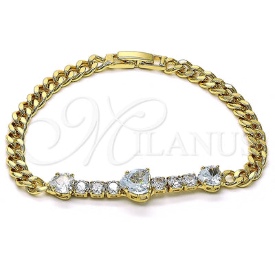 Oro Laminado Fancy Bracelet, Gold Filled Style Heart Design, with White Cubic Zirconia, Polished, Golden for wholesale, main product view