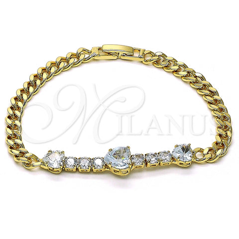 Oro Laminado Fancy Bracelet, Gold Filled Style Heart Design, with White Cubic Zirconia, Polished, Golden Finish, 03.283.0094.07 (05 MM Thickness, 7 Inches Length)
