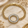 Oro Laminado Fancy Bracelet, Gold Filled Style Baguette Design, with White Cubic Zirconia, Polished, Golden Finish, 03.283.0120.07 (05 MM Thickness, 7 Inches Length)