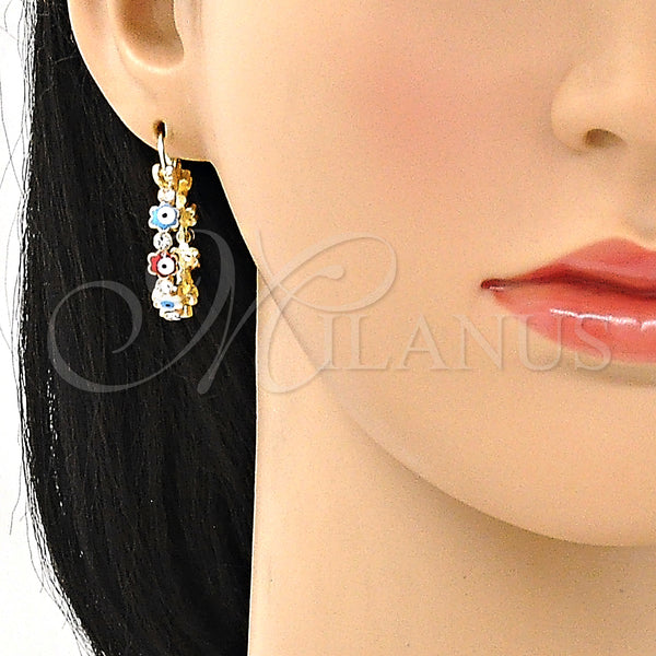 Gold Filled Hoop Earrings — Small Hoop Evil Eye and Flower Design with — alternate product view — SKU 146958 | Oro Laminado aretes de aro — Small Hoop Evil Eye and flor diseño with — SKU 146958
