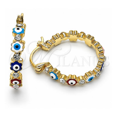 Oro Laminado Small Hoop, Gold Filled Style Evil Eye and Flower Design, with White Crystal, Multicolor Enamel Finish, Golden Finish, 02.213.0363.25