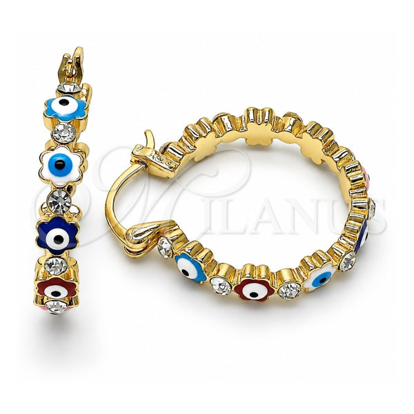 Oro Laminado Small Hoop, Gold Filled Style Evil Eye and Flower Design, with White Crystal, Multicolor Enamel Finish, Golden Finish, 02.213.0363.25