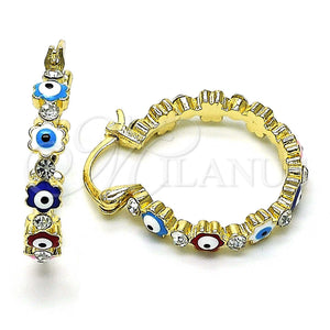 Gold Filled Hoop Earrings — Small Hoop Evil Eye and Flower Design with — main product view — SKU 146958 | Oro Laminado aretes de aro — Small Hoop Evil Eye and flor diseño with — SKU 146958