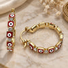 Oro Laminado Small Hoop, Gold Filled Style Evil Eye Design, with White Crystal, Red Enamel Finish, Golden Finish, 02.213.0365.25