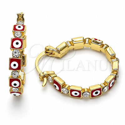 Oro Laminado Small Hoop, Gold Filled Style Evil Eye Design, with White Crystal, Red Enamel Finish, Golden Finish, 02.213.0365.25