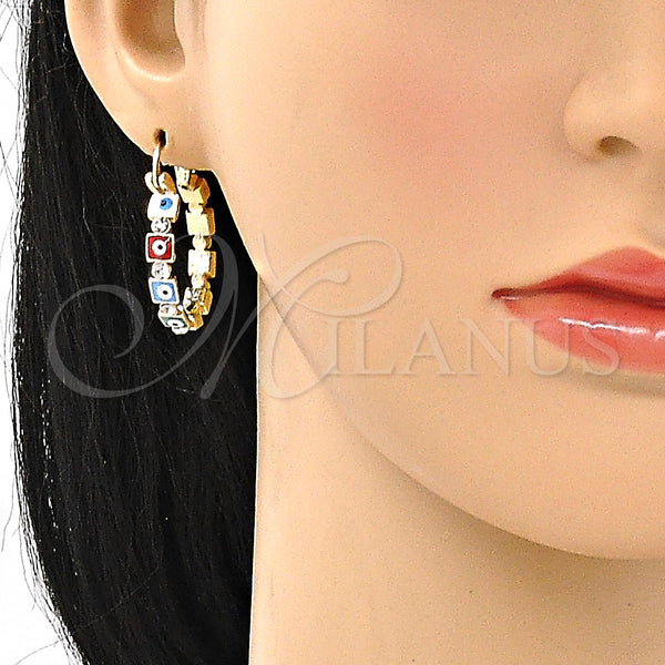 Gold Filled Hoop Earrings — Small Hoop Evil Eye Design with White Crystal — alternate product view — SKU 146962 | Oro Laminado aretes de aro — Small Hoop Evil Eye diseño with cristal blanco — SKU 146962