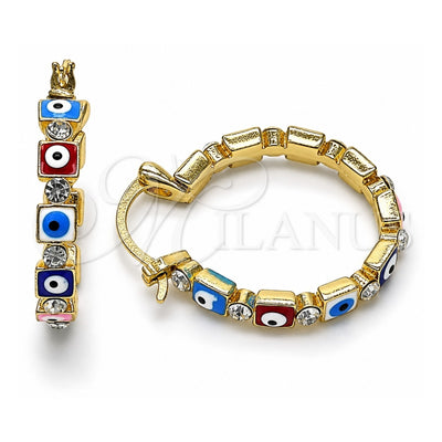 Oro Laminado Small Hoop, Gold Filled Style Evil Eye Design, with White Crystal, Multicolor Enamel Finish, Golden Finish, 02.213.0365.1.25