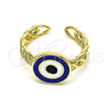 Oro Laminado Elegant Ring, Gold Filled Style Evil Eye Design, Blue Enamel Finish, Golden Finish, 01.213.0019 (One size fits all)