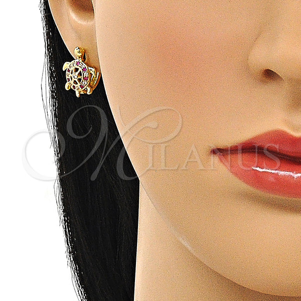 Gold Filled Hoop Earrings — Huggie Hoop Turtle Design with White and Ruby — alternate product view — SKU 147097 | Oro Laminado aretes de aro — Huggie Hoop Turtle diseño with blanco and Ruby — SKU 147097