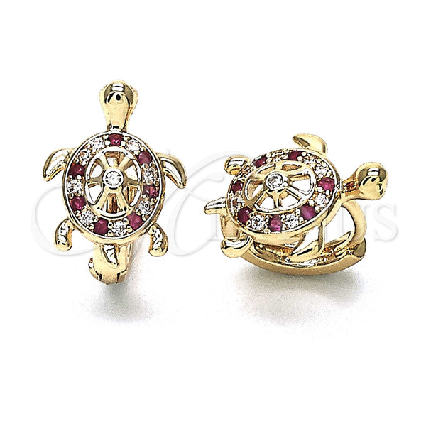 Gold Filled Hoop Earrings — Huggie Hoop Turtle Design with White and Ruby — main product view — SKU 147097 | Oro Laminado aretes de aro — Huggie Hoop Turtle diseño with blanco and Ruby — SKU 147097