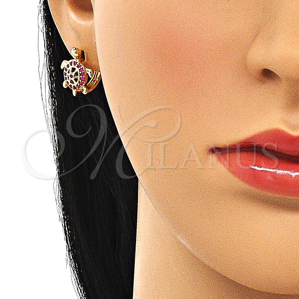 Gold Filled Hoop Earrings — Huggie Hoop Turtle Design with Ruby Micro Pave — alternate product view — SKU 147098 | Oro Laminado aretes de aro — Huggie Hoop Turtle diseño with Ruby Micro Pave — SKU 147098