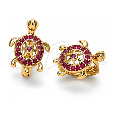 Oro Laminado Huggie Hoop, Gold Filled Style Turtle Design, with Ruby Micro Pave, Polished, Golden Finish, 02.26.0282.2.12