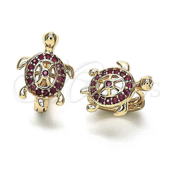 Gold Filled Hoop Earrings — Huggie Hoop Turtle Design with Ruby Micro Pave — main product view — SKU 147098 | Oro Laminado aretes de aro — Huggie Hoop Turtle diseño with Ruby Micro Pave — SKU 147098