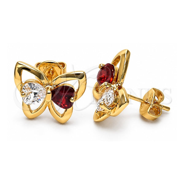Oro Laminado Stud Earring, Gold Filled Style Butterfly and Heart Design, with Garnet and White Cubic Zirconia, Polished, Golden Finish, 02.26.0283.1