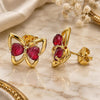 Oro Laminado Stud Earring, Gold Filled Style Butterfly and Heart Design, with Ruby Cubic Zirconia, Polished, Golden Finish, 02.26.0283.2