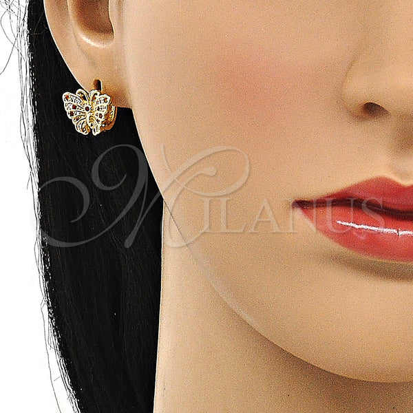 Gold Filled Hoop Earrings — Huggie Hoop Butterfly Design with Garnet and White — alternate product view — SKU 147110 | Oro Laminado aretes de aro — Huggie Hoop Butterfly diseño with Garnet and blanco — SKU 147110