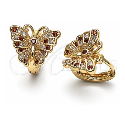Oro Laminado Huggie Hoop, Gold Filled Style Butterfly Design, with Garnet and White Micro Pave, Polished, Golden Finish, 02.26.0286.1.15