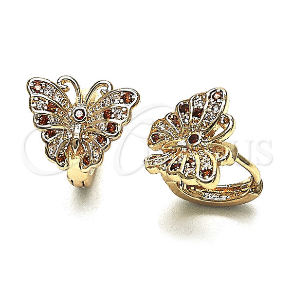 Gold Filled Hoop Earrings — Huggie Hoop Butterfly Design with Garnet and White — main product view — SKU 147110 | Oro Laminado aretes de aro — Huggie Hoop Butterfly diseño with Garnet and blanco — SKU 147110