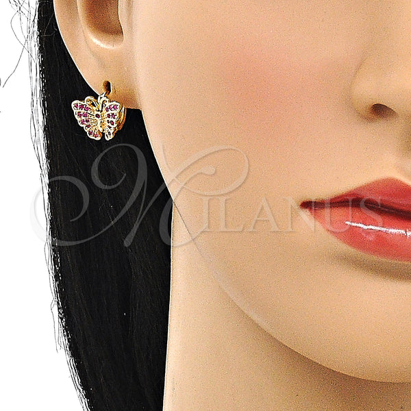 Gold Filled Hoop Earrings — Huggie Hoop Butterfly Design with Ruby Micro Pave — alternate product view — SKU 147111 | Oro Laminado aretes de aro — Huggie Hoop Butterfly diseño with Ruby Micro Pave — SKU 147111