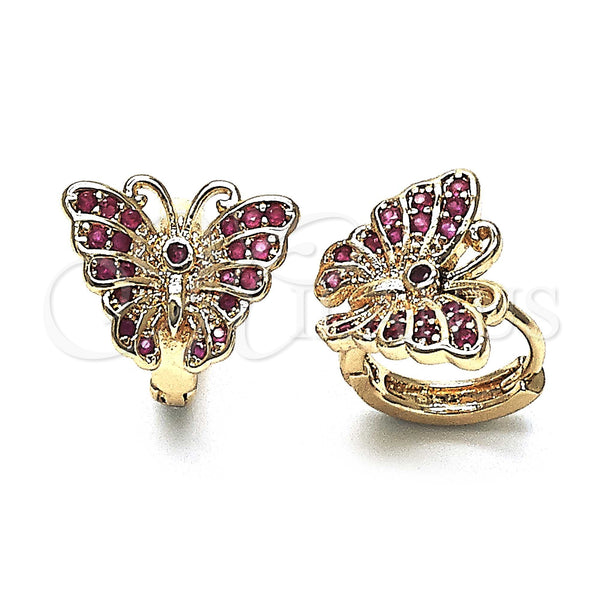 Gold Filled Hoop Earrings — Huggie Hoop Butterfly Design with Ruby Micro Pave — main product view — SKU 147111 | Oro Laminado aretes de aro — Huggie Hoop Butterfly diseño with Ruby Micro Pave — SKU 147111