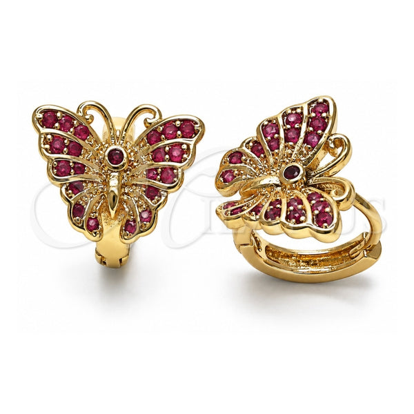Oro Laminado Huggie Hoop, Gold Filled Style Butterfly Design, with Ruby Micro Pave, Polished, Golden Finish, 02.26.0286.2.15
