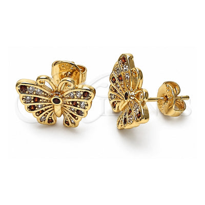 Oro Laminado Stud Earring, Gold Filled Style Butterfly Design, with Garnet and White Micro Pave, Polished, Golden Finish, 02.26.0289.1