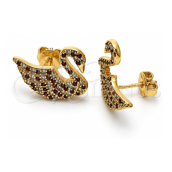 Oro Laminado Stud Earring, Gold Filled Style Swan Design, with White and Garnet Micro Pave, Polished, Golden Finish, 02.26.0290.1