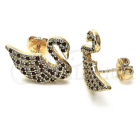 Oro Laminado Stud Earring, Gold Filled Style Swan Design, with White and Garnet Micro Pave, Polished, Golden Finish, 02.26.0290.1