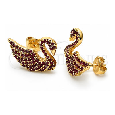 Oro Laminado Stud Earring, Gold Filled Style Swan Design, with Ruby Micro Pave, Polished, Golden Finish, 02.26.0290.2