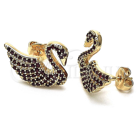 Oro Laminado Stud Earring, Gold Filled Style Swan Design, with Ruby Micro Pave, Polished, Golden Finish, 02.26.0290.2