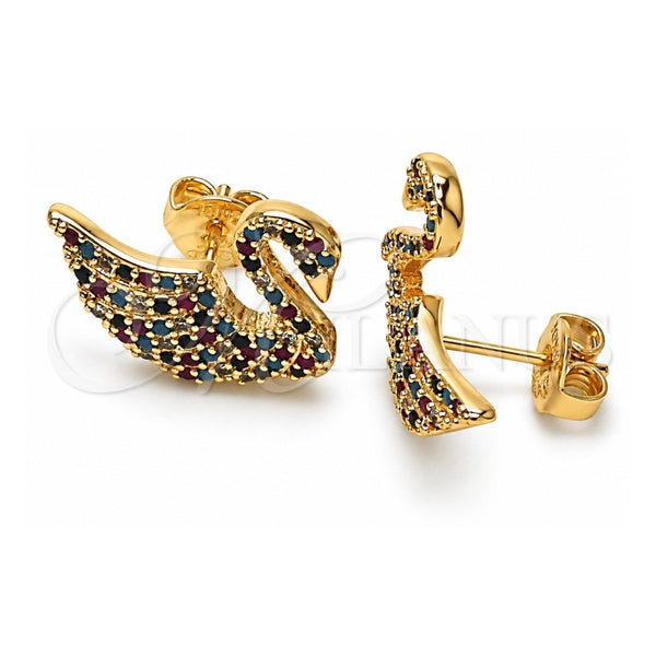 Oro Laminado Stud Earring, Gold Filled Style Swan Design, with Multicolor Micro Pave, Polished, Golden Finish, 02.26.0290.3